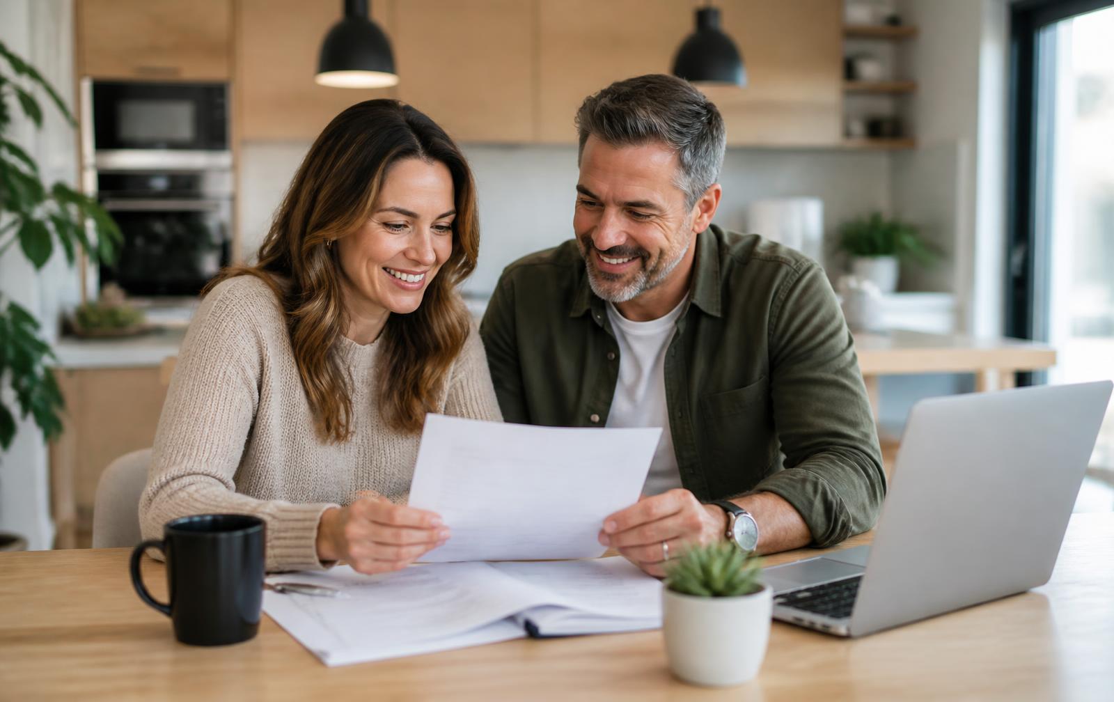 Happy couple reviewing mortgage documents at home